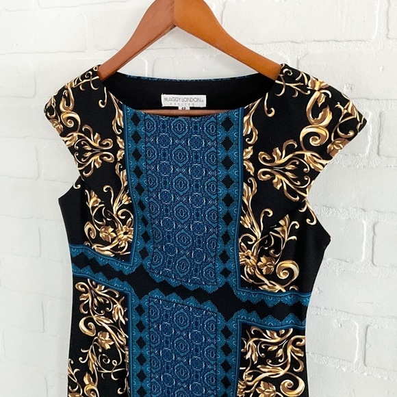Maggie London Mini dress Paisly Scarf print Stretch Blue Gold Black Sz 6 Petite - Picture 8 of 15